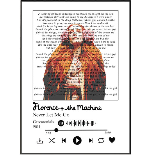 Never let your favorite lyrics go! Choose Florence and the Machine's "Never Let Me Go" to print on a personalized picture frame with song lyrics to commemorate your special moment. With its unique blend of professional graphics and personalized song lyrics, this print is the perfect gift or sentimental keepsake.