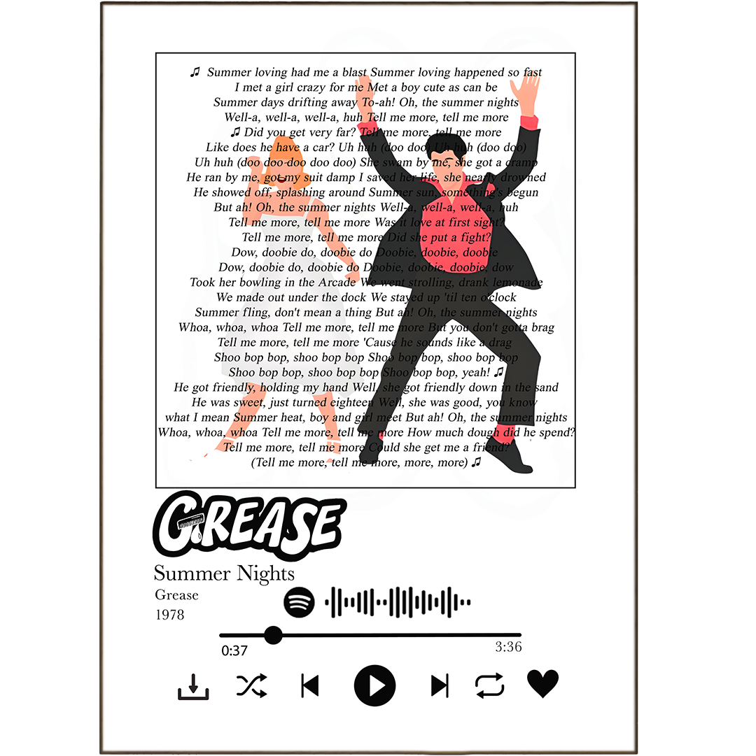 Let your walls sing with Grease - Summer Nights Prints! Our song lyric prints will turn your walls into an everlasting musical, no matter the genre. And with personalized lyrics of your choice from Spotify, you'll be sure to find the perfect song for your space! So get ready to show off your tunes with style.