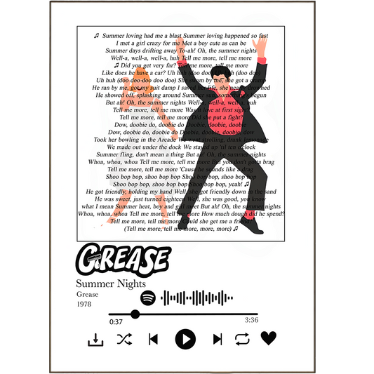 Let your walls sing with Grease - Summer Nights Prints! Our song lyric prints will turn your walls into an everlasting musical, no matter the genre. And with personalized lyrics of your choice from Spotify, you'll be sure to find the perfect song for your space! So get ready to show off your tunes with style.