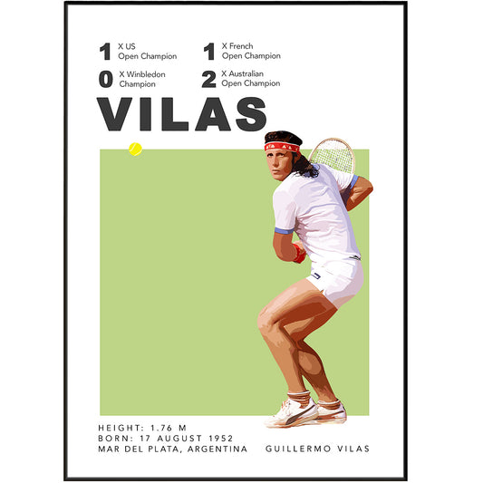 Add unique flair to your home with Guillermo Vilas's Tennis Posters. Choose from five sizes, from A6 to A3, or print at home and save time. These minimalist posters feature vibrant tennis courts from Grand Slam tournaments and tennis tournaments. Let the iconic artwork of Vilas take your walls to the court.