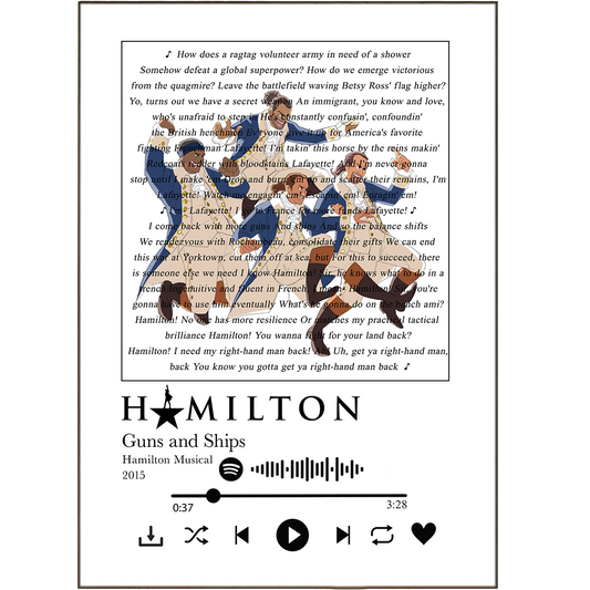 Uniquely personalized, these Hamilton - Guns and Ships Prints turn your favorite song lyrics into a stunning wall art piece. Enjoy Spotify’s full catalog of bops while you hang this signature song lyric poster in your home, jammin’ out with a personalized twist! Oh, the places these prints will go!