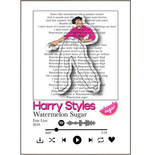 Let your walls get into the rhythm and the blues with this Harry Styles - Watermelon Sugar Prints! Personalised with your favourite song lyrics, this wall art print is the perfect way to add a playful touch to any space. Song lovers, rejoice! With your free song lyrics to print, your walls will be lettin' loose in no time!