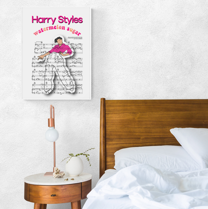 Looking for a tasty way to show your love for Harry Styles? Hang up this poster featuring sweet, sweet artwork of him! Whether it's a bedroom, living room, or an entire dormitory decorated in Harry Styles fan art, this poster is sure to be a sweet addition to your abode. Yum yum! 🍉