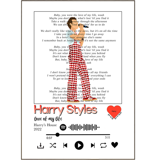 Spice up your walls with perfect prints of your favorite Harry Styles lyric - 'Love Of My Life'! These beautiful, personalized pieces bring any room to life with style, thanks to their song lyric prints and inspirational Spotify music design. No matter if you're a fan or simply a lover of music, these lyric prints are sure to keep you singing along in no time!