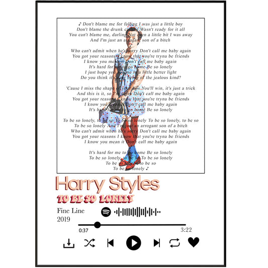 This Harry Styles - To be so Lonely Lyrics Prints is perfect for those who love to show off their appreciation for music. Featuring personalized song lyrics, and prints on a personalised picture frame, it's the perfect way to keep your favorite songs close. A great gift idea for friends and family.