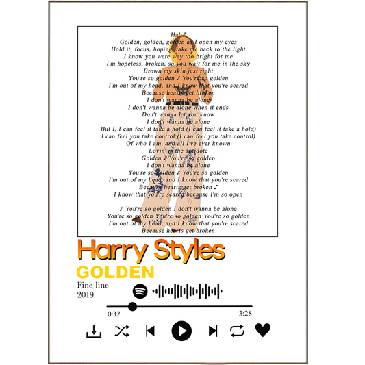 Bring your favorite Harry Styles lyrics to life with this Golden Print! Printed on a high-quality matte paper, you can keep your favorite songs close with songlyricprints that will make any room sparkle. Display Spotify Music Any Song Lyrics in a unique way with customized lyric prints that will make you feel like a rock star!