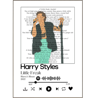 Add some rock 'n' roll flare to your wall with this Harry Styles-inspired set of 'Little Freak' prints! Mix and match the song lyric prints to create your own soundscape, curated with your favorite tunes. Whether you choose to personalize with Spotify or customize your print selection, you're sure to be wailing away with Harry Styles in style