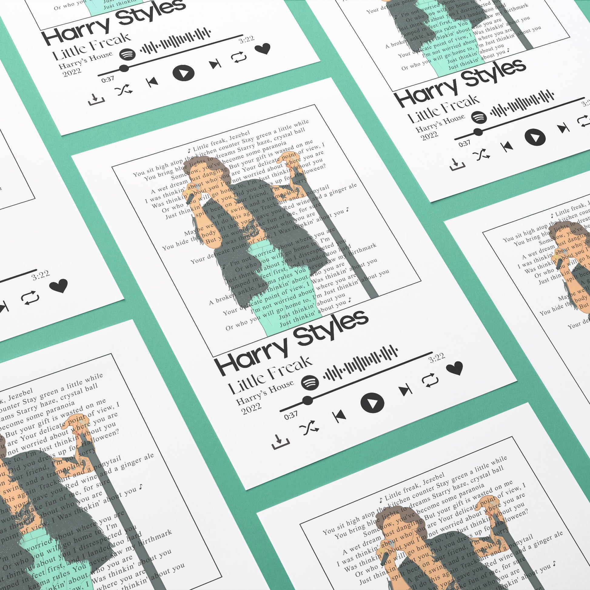 Enliven your home or office walls with Harry Styles' peppy lyric prints, featuring your favourite Spotify songs! With this fun personalised twist, you can add a unique flair and spunk to your space - it's like having your own little jam session!