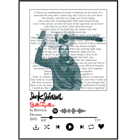 Give the perfect gift with this personalized Jack Johnson - Better Together Lyrics Prints. Printed in high-quality, this print features custom song lyric artwork with a personalized picture frame and an expertly printed lyric sheet. Perfect for any music fan, the custom song lyric art makes a unique and thoughtful present.