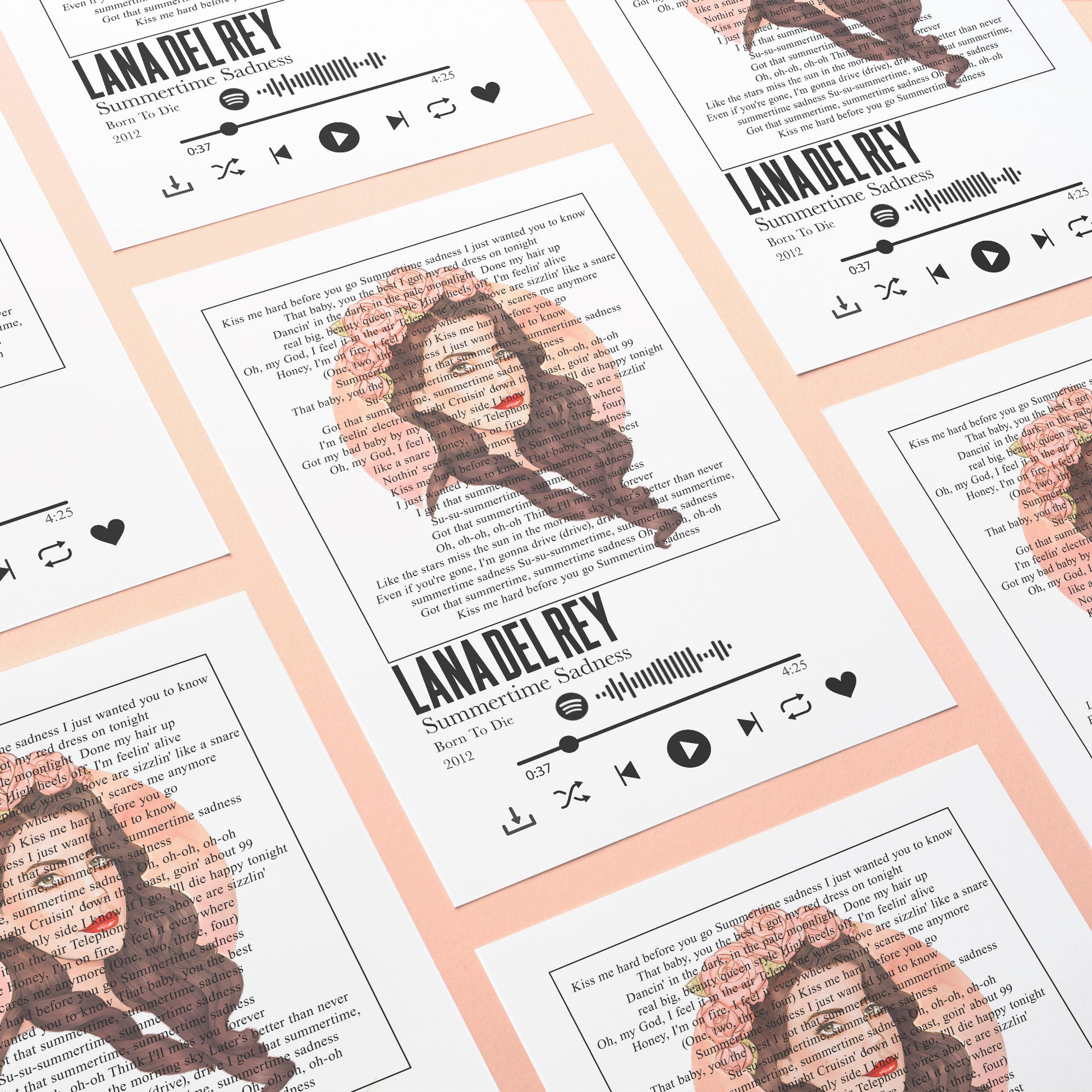 Introducing the Lana del Rey - Summertime Sadness Prints - your perfect way to bring the summer blues to life! Featuring your favourite song lyrics on prints, posters, and prints, decorate your walls with unique pieces of personalised art. Choose your favourite song lyrics from Spotify Music to create something truly special. Let the artist inside you shine!