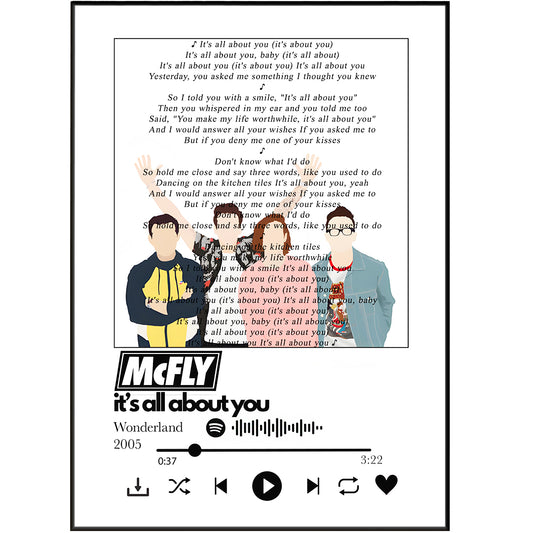 Make your favourite artist's song lyrics come to life with this Mcfly It's All About You Lyrics Prints. Featuring colourful printed song lyrics to any track of your choice, this poster is perfect for adding your own personalised touch to any home or office. With over 100 unique designs to choose from, you can finally bring music to your walls.