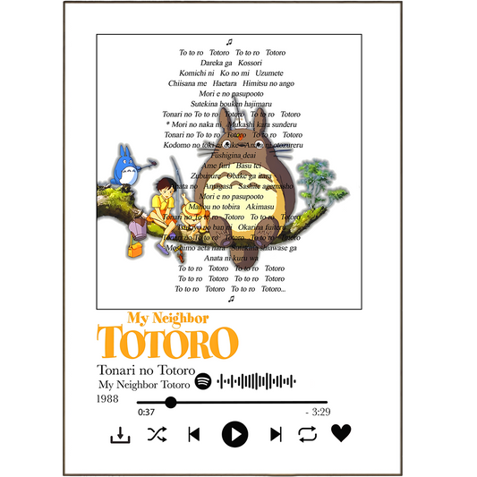 Enter the world of your favourite song with our My Neighbor Totoro - Tonari no Totoro Prints. Our unique lyric prints let you pick the best verses from your favorite tunes, then personalise them into beautiful wall art fit for any room! It's easy - just choose from Spotify Music Any Song Lyric, Song Lyric Wall Art UK or our classic song lyrics print with photo . Our song lyrics prints put the special in special occasions and our song lyrics printed are a guaranteed hit with music lovers. Get yours today!