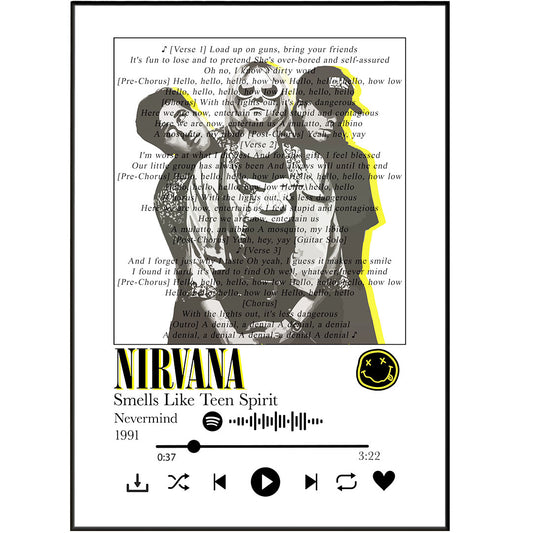 Capture your favorite memories with this personalized Nirvana - Smells Like Teen Spirit Lyrics Print. This music wall art is a unique and thoughtful way to commemorate any special event like weddings, anniversaries, birthdays, and more, and is available in sizes A5, A4, and A3. Printed on high quality 230 gsm glossy photo card, this special gift will bring a smile to your loved one's face for years to come.