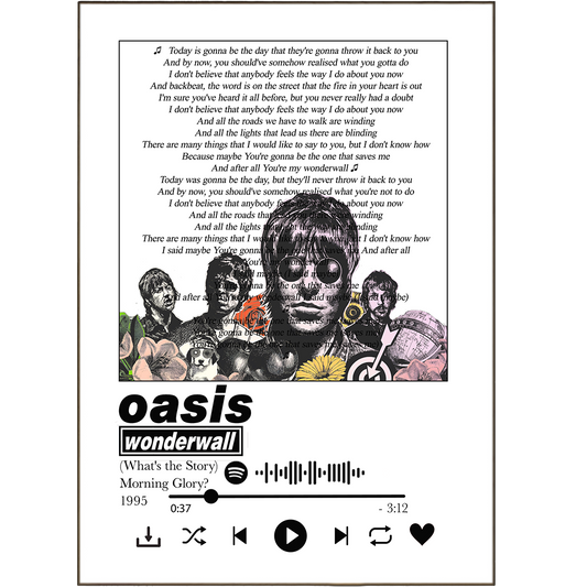 Bring some music and quirk into your home with Oasis's Wonderwall Prints! We've got 100s of unique designs, personalised to any song lyric with a spotify music library. So go ahead and turn up the volume: Let your walls sing with colour and life with our totally unique song lyric prints!