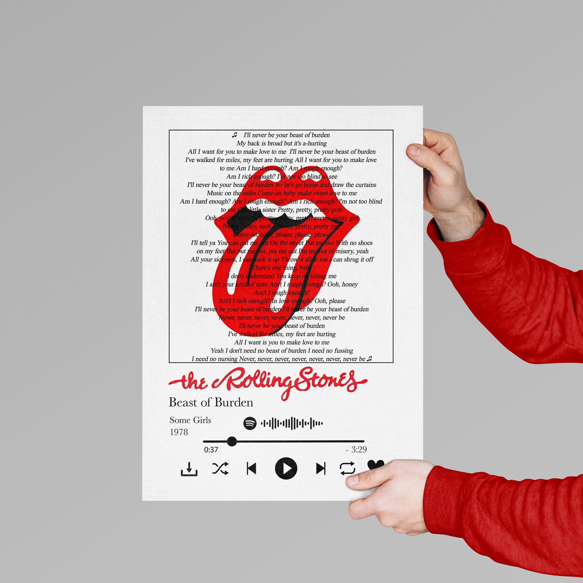Discover the perfect wall art to express your favorite song, <a rel="noopener" href="https://www.youtube.com/watch?v=RlV-ZFyVH3c" target="_blank">Rolling Stones - Beast of Burden</a>&nbsp;Lyrics Prints. Our free song lyrics print come in elegant colorful designs, artwork from song lyrics, personalized lyrics to print, and more, with hundreds of unique designs to choose from. Buy now and get inspired!