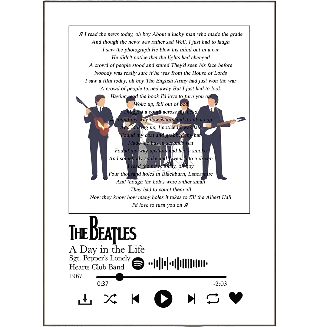 Bring the timeless lyrics of The Beatles home with this unique A Day In The Life Prints set! The set features prints with vibrant colours, showcasing lyrics from the iconic song with personalisation options so you can really make it your own. Look no further for the perfect gift - your print is just a few clicks away!