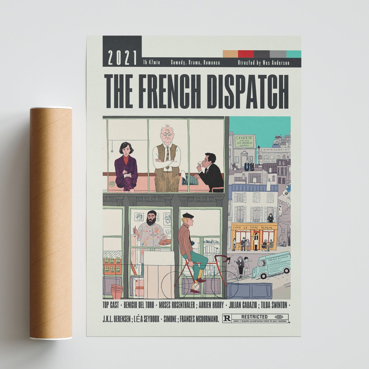 This French Dispatch Poster is sure to be a fan favorite. With its original and vintage design, it brings a touch of nostalgia to any room. It's a great way to show off your love for Wes Anderson movies, and with its large size and unframed option, it's a budget-friendly choice. Enhance your decor with this custom and minimalist movie poster.