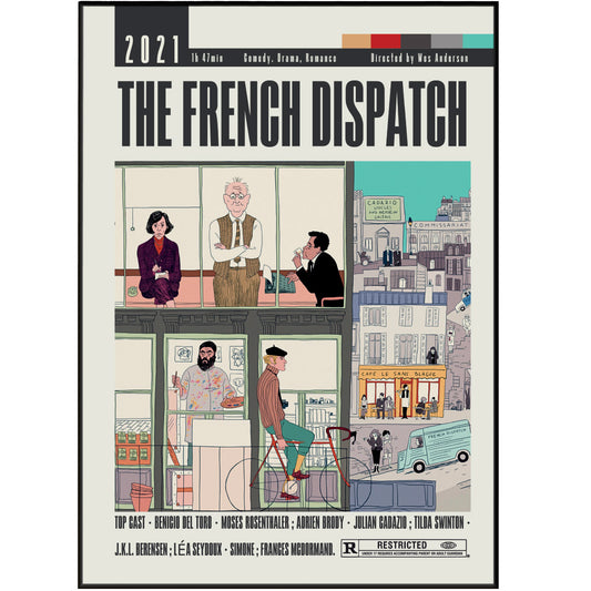 Enhance your movie collection with The French Dispatch Poster. This original movie poster from Wes Anderson's latest film is a must-have for fans. With its vintage retro art print and minimalist design, this unframed movie poster will add a touch of elegance to any wall. Don't miss out on this unique and affordable addition to your home décor.