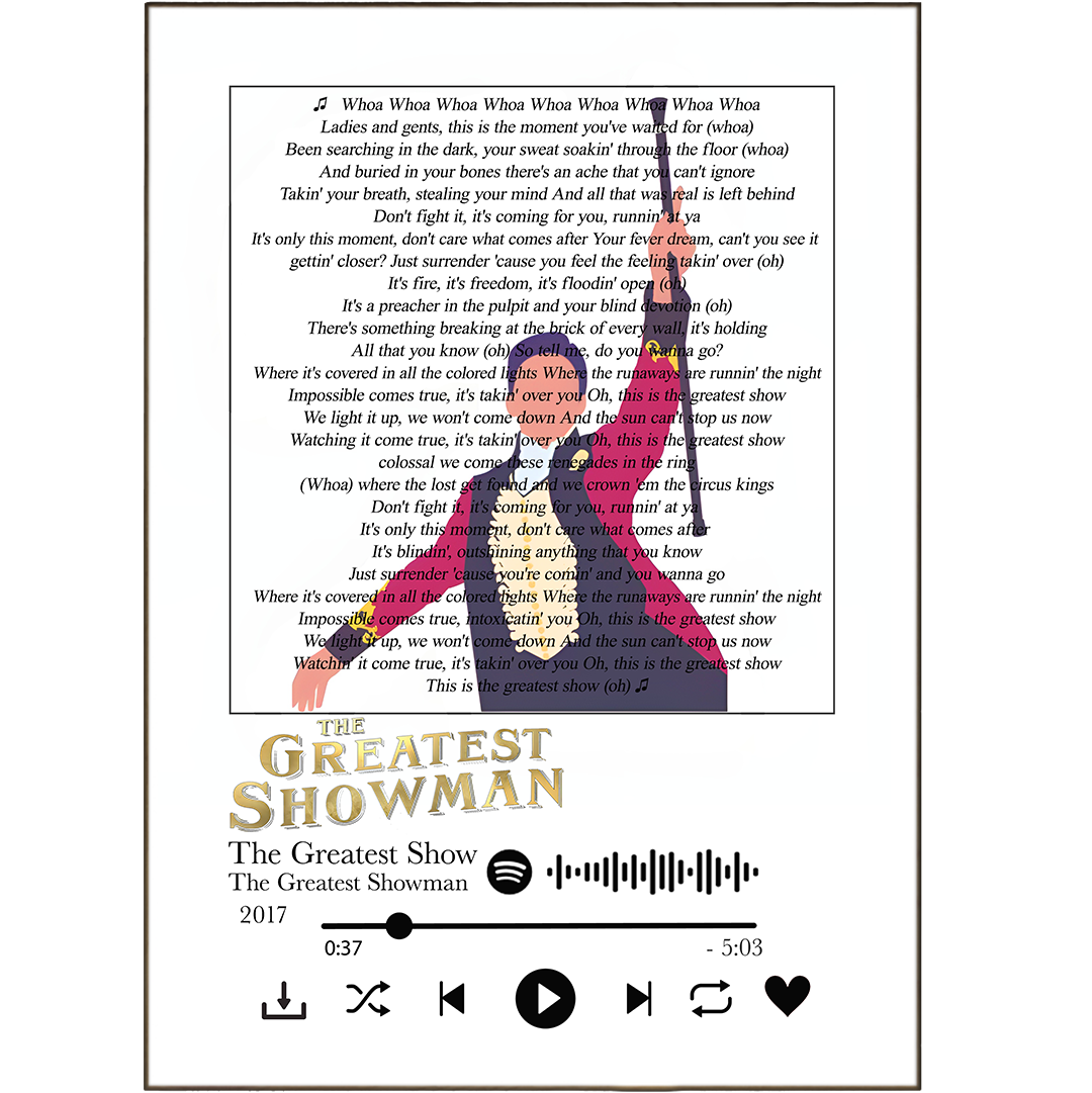 Show off your love of 'The Greatest Showman' with lyric prints that are sure to blow you away! With a variety of song lyrics to choose from, these vibrant prints will be singing your praises. So put them on your walls -- your friends will be envious of your lyrical style!