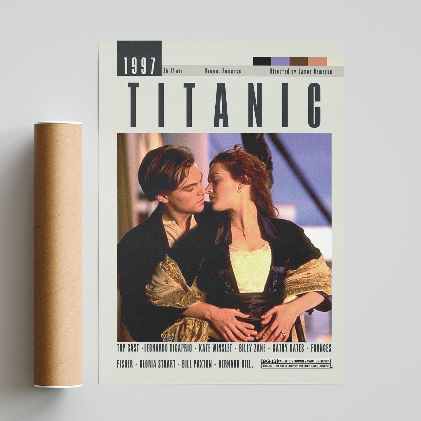 "Set sail with the best movies of all time in your midcentury modern home! This retro movie poster for James Cameron's Titanic is the perfect addition to your movie wall decor. With a minimalist design and quirky midcentury style, this print is a must-have for any Hollywood movie lover. Ahoy there!"