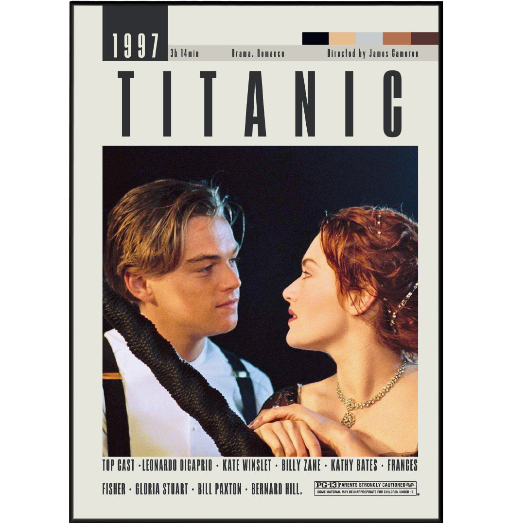 Get ready to set sail with this Titanic movie poster! Perfect for any movie lover, this retro print adds a touch of Hollywood cool to your midcentury modern home. Featuring one of the best movies of all time, this minimalistic artwork is a must-have for your collection. Add some cinema charm and nostalgia to your walls with this unique piece. (No life, floating doors or Celine Dion included.)