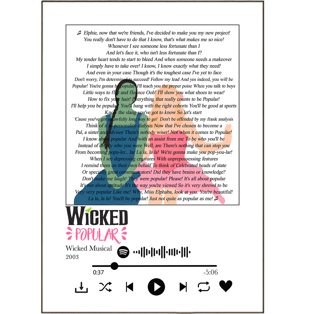 Discover a musical twist on art with our Wicked The Musical - Popular Prints! Choose from 100s of unique designs, including colourful posters and personalised prints – from your favourite Spotify songs to wall art and artwork from song lyrics. Elevate any space with song lyric prints that combine artistic flair and lyrical genius!