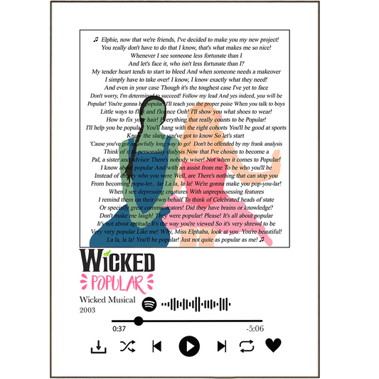 Discover a musical twist on art with our Wicked The Musical - Popular Prints! Choose from 100s of unique designs, including colourful posters and personalised prints – from your favourite Spotify songs to wall art and artwork from song lyrics. Elevate any space with song lyric prints that combine artistic flair and lyrical genius!
