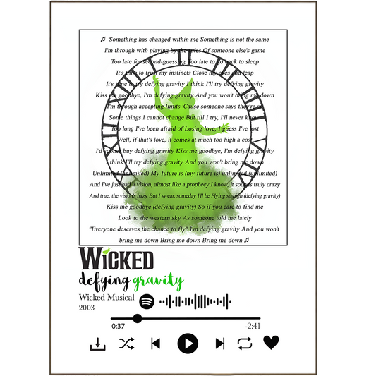Celebrate your undying love for Wicked The Musical with these Defying Gravity Prints! Featuring various song lyrics from the show, these unique prints bring a splash of color and vibrant design to your walls, making them the perfect way to show your fandom. Plus, you can get the lyrics for your favorite songs personalized just for you! So don't just sit there - defy gravity and grab your prints today!