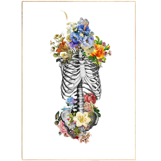 Anatomy Skeleton Print Flowers Art