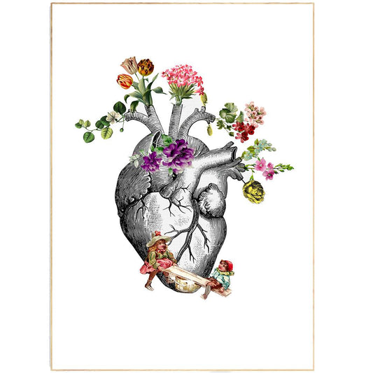 Anatomical Heart and Flowers Art Print
