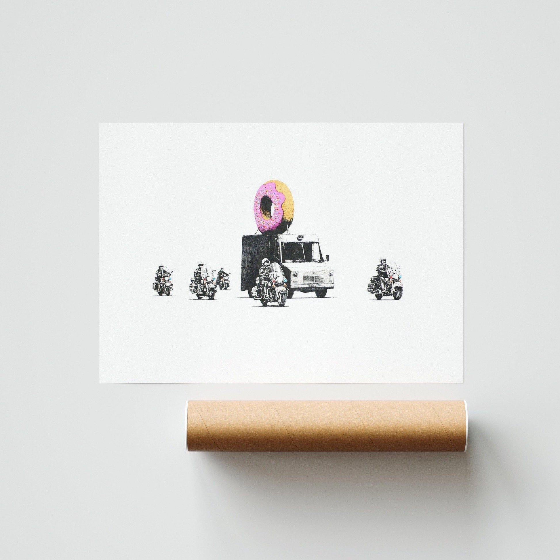 This Banksy Donut Poster Art Print is an amazing piece of street art.Banksy is a world-renowned street artist and this is one of his most famous pieces. It's a must-have for any art lover.This print is 12"x16" and would look great in any room. It would also make the perfect gift for any art lover.