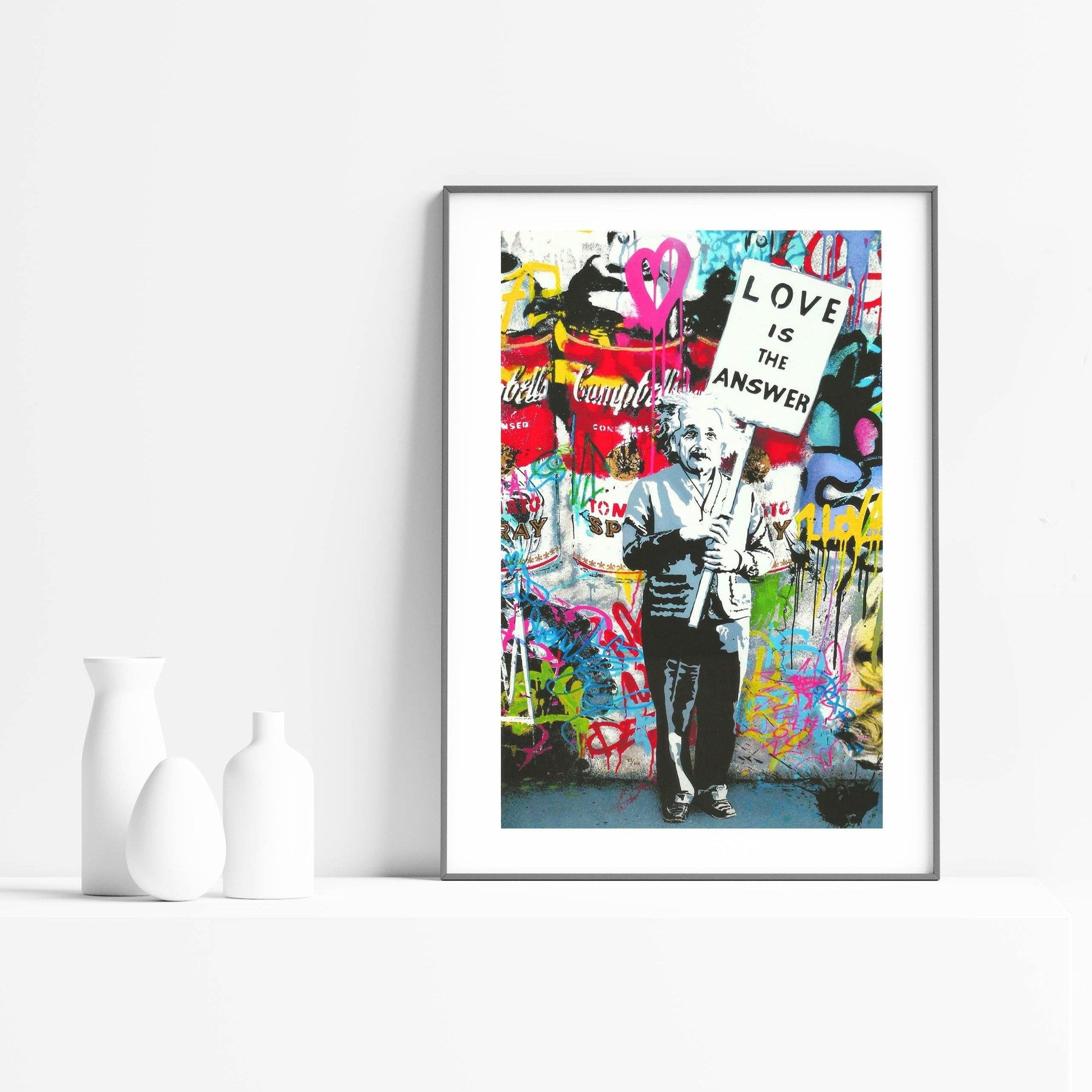 Available in a range of sizes, this poster is perfect for adding a splash of color to your walls. One of the most iconic pieces by the legend that is Mr Brainwash, this vibrant poster is sure to make a statement. Depicting the message that love is the answer, it's a must-have for any art lover. Featuring bright colors and a playful design, this poster is sure to add some personality to your home.- 98types