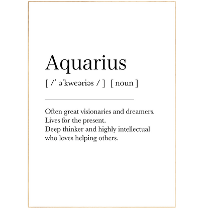 Aquarius Definition Prints Wall Art, Star Sign Print, Zodiac Print, Aquarius Birthday Present, Constellation Print, Zodiac Wall.