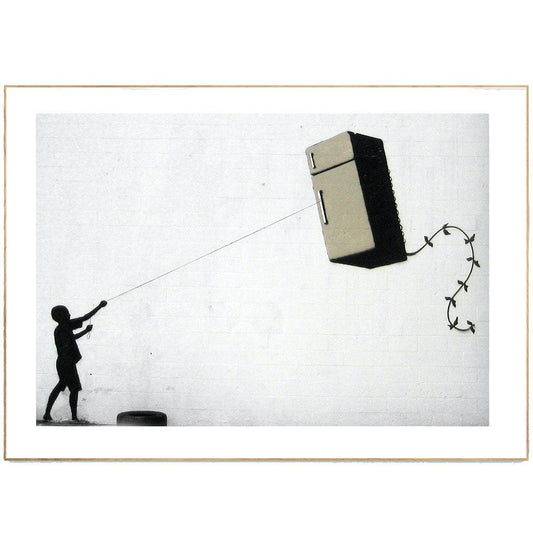 This Banksy Fridge Kite Street Art Print is perfect for any art lover. This street art print features the iconic Banksy image of a fridge with a kite attached. This print is sure to add some edge to any room.