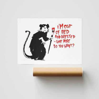 This street art print is the perfect way to show your true rat spirit. I'm Out of Bed features a rat in a bed, with a thought bubble that says "I'm out of bed and I'm feeling great!" This print is perfect for anyone who loves rats, or street art.- 98types