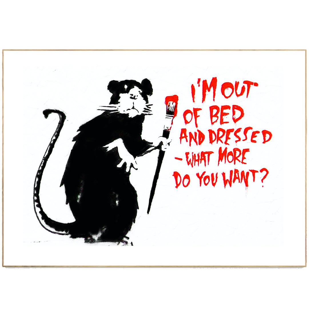 Introducing the I'm Out of Bed | Rat Street Art Print. This eye-catching print is sure to add some edge to any room. Featuring a rat in a bed, this print is perfect for anyone who appreciates street art. Whether you hang it in your home or office, this print is sure to turn heads.