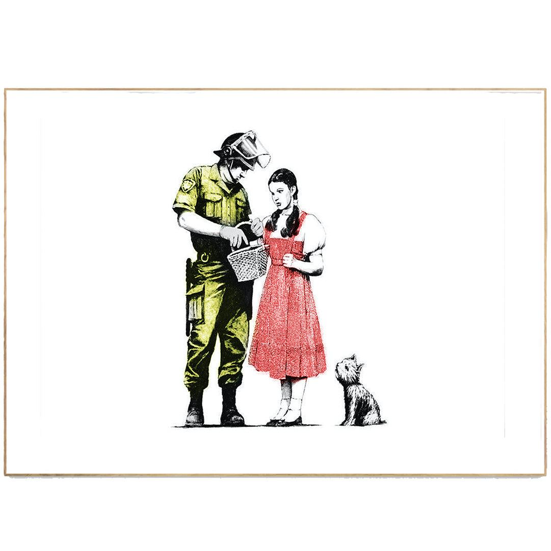 This is an unauthorized Banksy print. One of the most popular and iconic street artists in the world, Banksy has created a print that is both subversive and stylish. Featuring Dorothy from The Wizard of Oz, this street art print is a must-have for any art lover or Banksy fan.