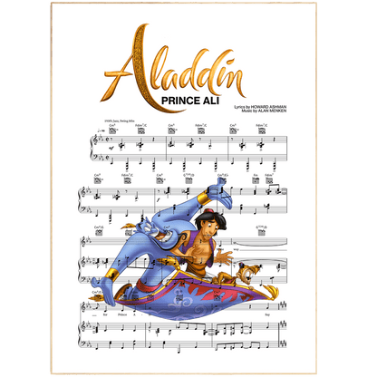 Aladdin - Prince Ali Print | Sheet Music Wall Art | Song Music Sheet Notes Print Everyone has a favorite song and now you can show the score as printed staff. The personal favorite song sheet print shows the song chosen as the score. 