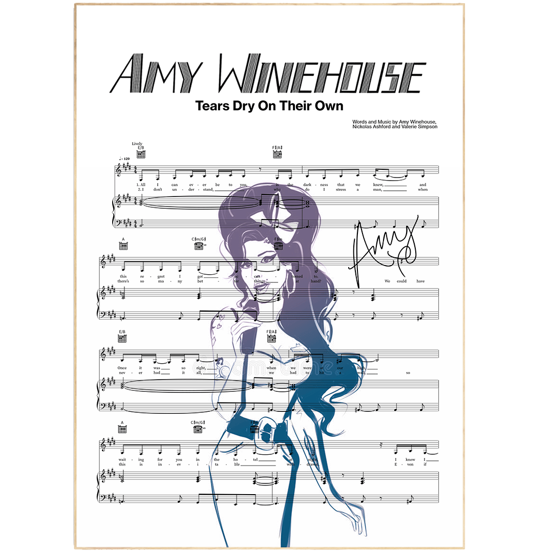 Print lyrical with these unusual and Natural High quality black and white musical scores with brightly coloured illustrations and quirky art print by artist Amy Winehouse - Tears Dry On Their Own to put on the wall of the room at home. A4 Posters uk By 98types art online.