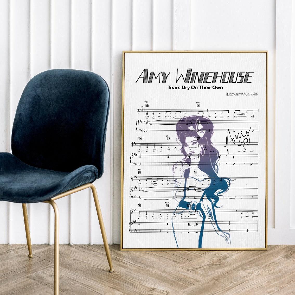 Print lyrical with these unusual and Natural High quality black and white musical scores with brightly coloured illustrations and quirky art print by artist Amy Winehouse - Tears Dry On Their Own to put on the wall of the room at home. A4 Posters uk By 98types art online.