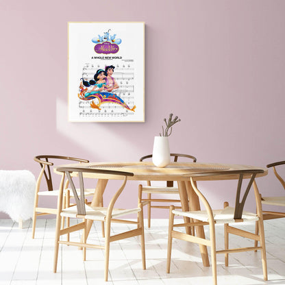 You'll be transported to a whole new world with this stunning print based on the classic Disney film Aladdin. This beautiful piece of art is based on the movie's classic song "A Whole New World," and is perfect for any fan of the movie. Make your walls come to life with this vibrant, colorful print that will transport you to a whole new world.