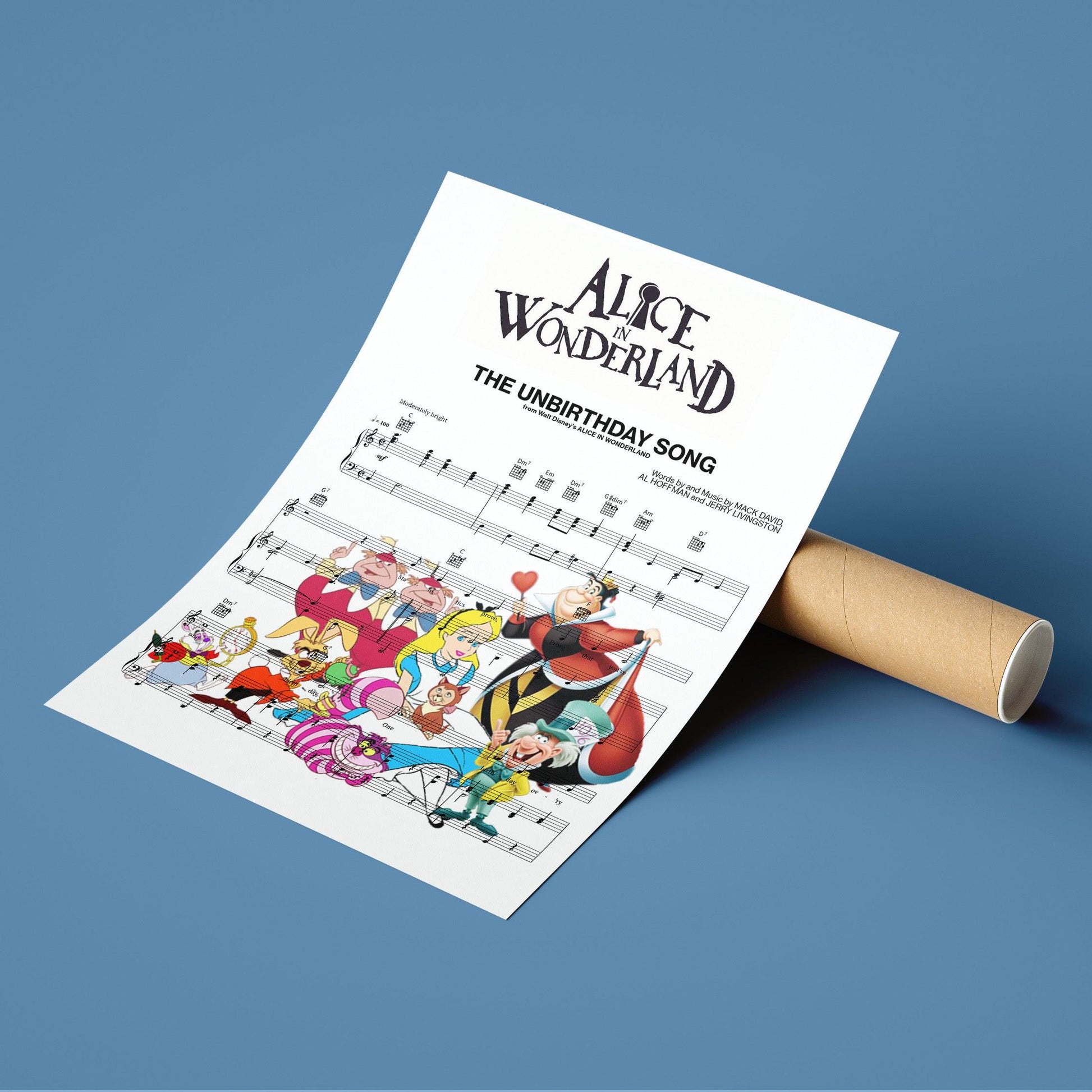 Alice in Wonderland - The unbirthday song Print | Song Music Sheet Notes Print   Everyone has a favorite Song lyric prints and Alice in Wonderland now you can show the score as printed staff. The personal favorite song lyrics art shows the song chosen as the score.