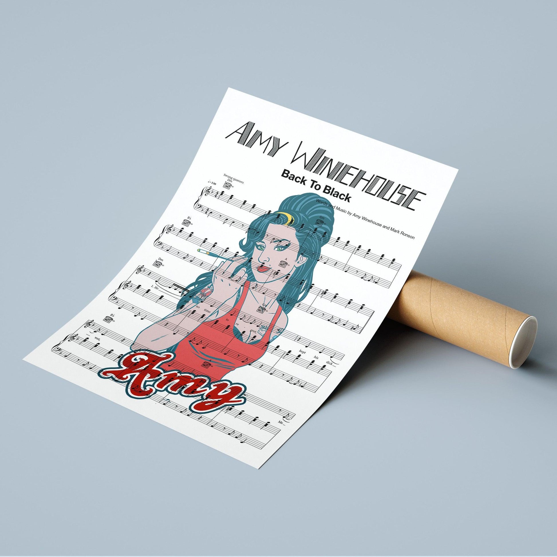 Print lyrical with these unusual and Natural High quality black and white musical scores with brightly coloured illustrations and quirky art print by artist Amy Winehouse - Back To Black to put on the wall of the room at home. A4 Posters uk By 98types art online.