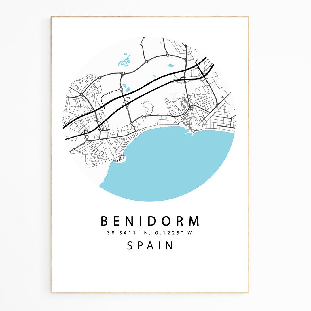 WE LOVE MAPS POSTERS ! This Beautiful Spanish City Benidorm StreetMap Art Print is a great way to add a striking Design to your Home. It would also make a Fantastic Gift for a Friend or Family Member.