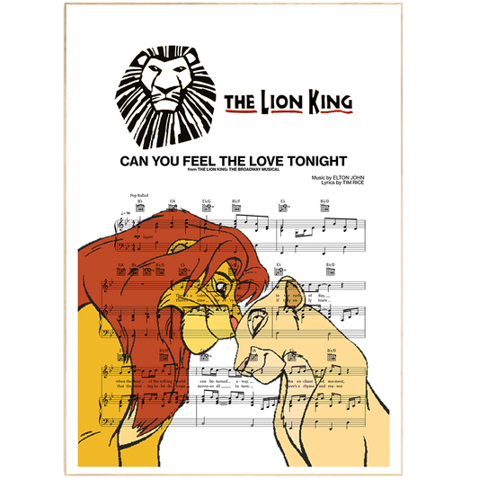 This Lion King - Can You Feel the Love Tonight print features striking wall art, framed art, and song lyric gifts that let you enjoy the iconic music of the film. Enjoy the benefits of using custom lyric art, unframed song lyrics, and personalised song lyrics prints in your home. Perfect for weddings, first dances and music lovers.