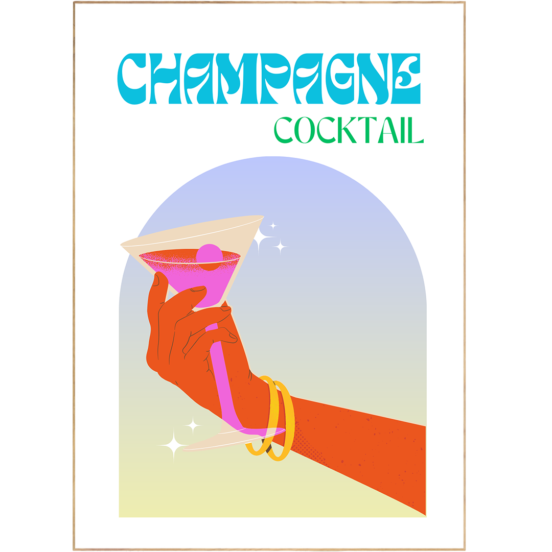 This CHAMPAGNE COCKTAIL PRINT features an original recipe, inspired by popular subjects such as campari and flower wall art. With vibrant colors, this bar cart wall art is the perfect addition to any kitchen or nursery. Discover a unique and colorful cocktail to add retro flair to your wall art collection. This Boho Print makes a thoughtful gift to your art-loving friends.