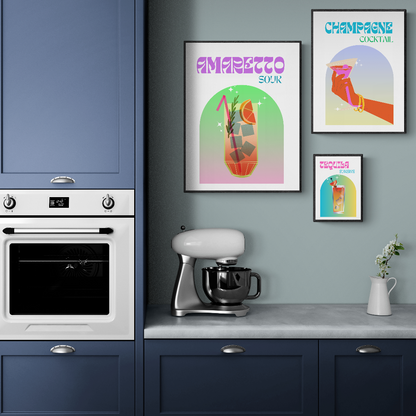 Enjoy a colorful, retro-inspired mural of popular drinks with the Espresso Cocktail Print. Featuring a range of classic cocktail recipes, explore the vibrant palette of vibrant colors and creative artwork from popular artists. Art prints for kitchen wall décor or gift for cocktail lovers. Make your walls pop and discover your favorite drink inspired art.
