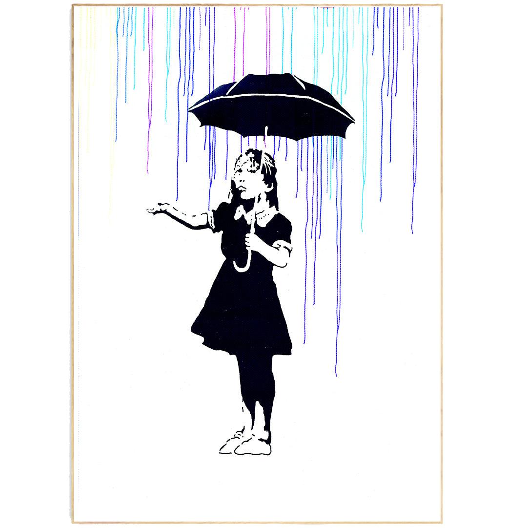The "Girl With Umbrella" Banksy Street Art piece is the perfect addition to your home, office, or studio. With its vibrant colors and striking imagery, this piece is sure to add some personality to any space. The "Girl With Umbrella" Banksy Street Art piece is a great way to show your support for the arts.