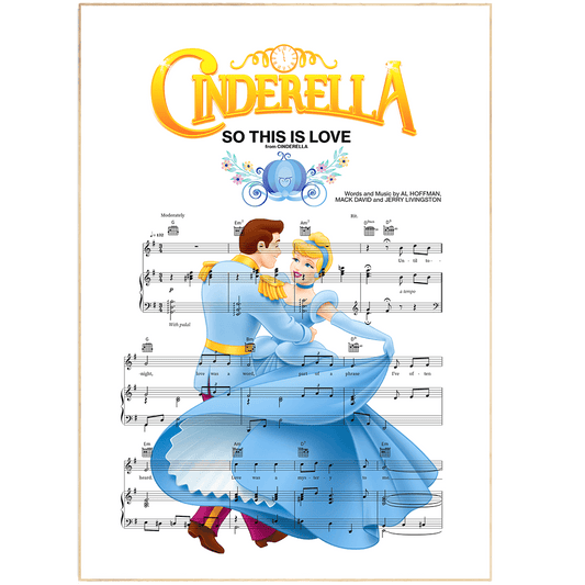 Relive your favorite moments from Disney's Cinderella with this beautiful print. This poster is based on the iconic scene where Cinderella and Prince Charming share their first dance. Perfect for any Disney lover, this print is a must-have for any art wall.