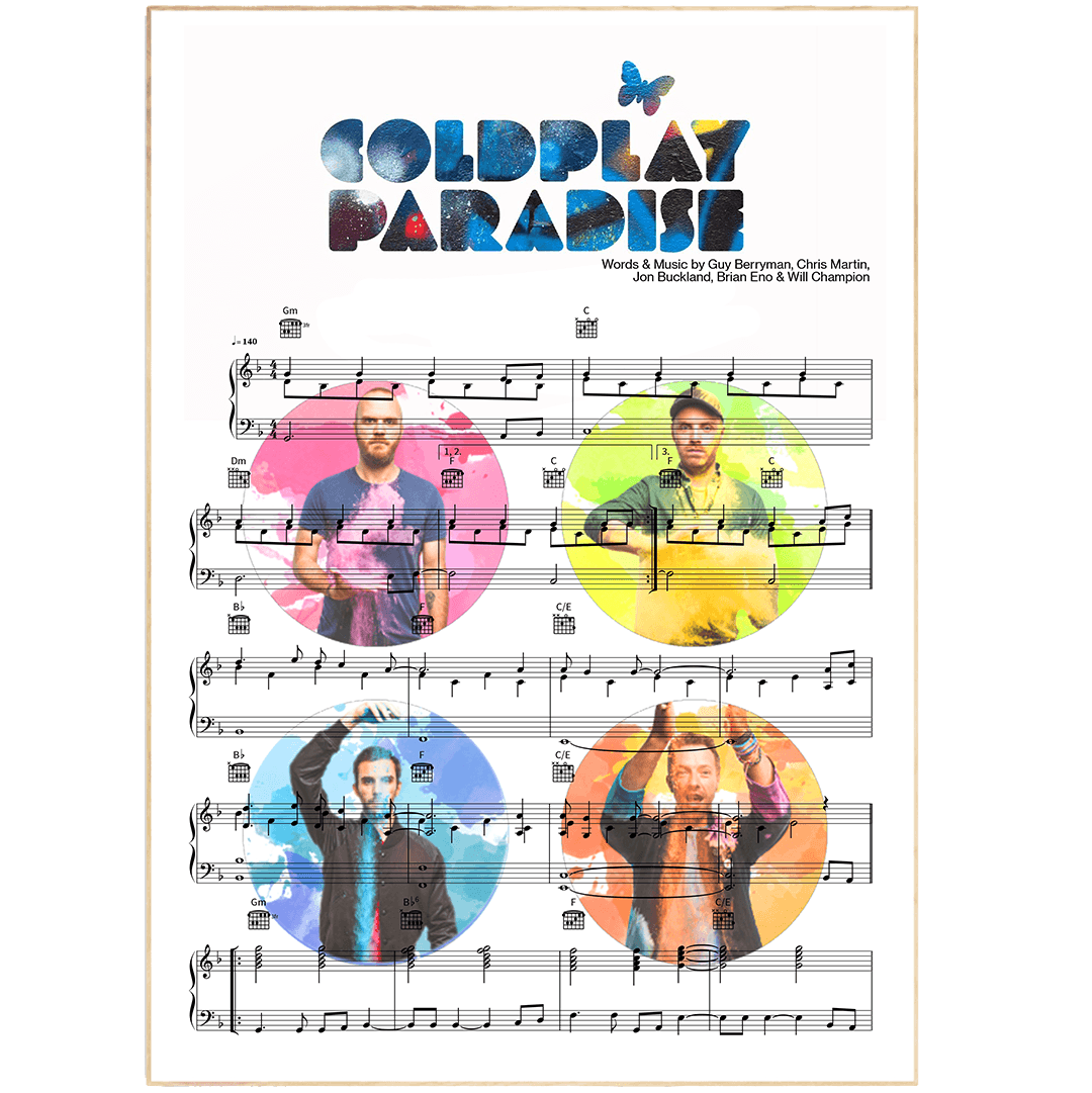 Print lyrical with these unusual and Natural High quality black and white musical scores with brightly coloured illustrations and quirky art print by artist Coldplay - Paradise to put on the wall of the room at home. A4 Posters uk By 98types art online.